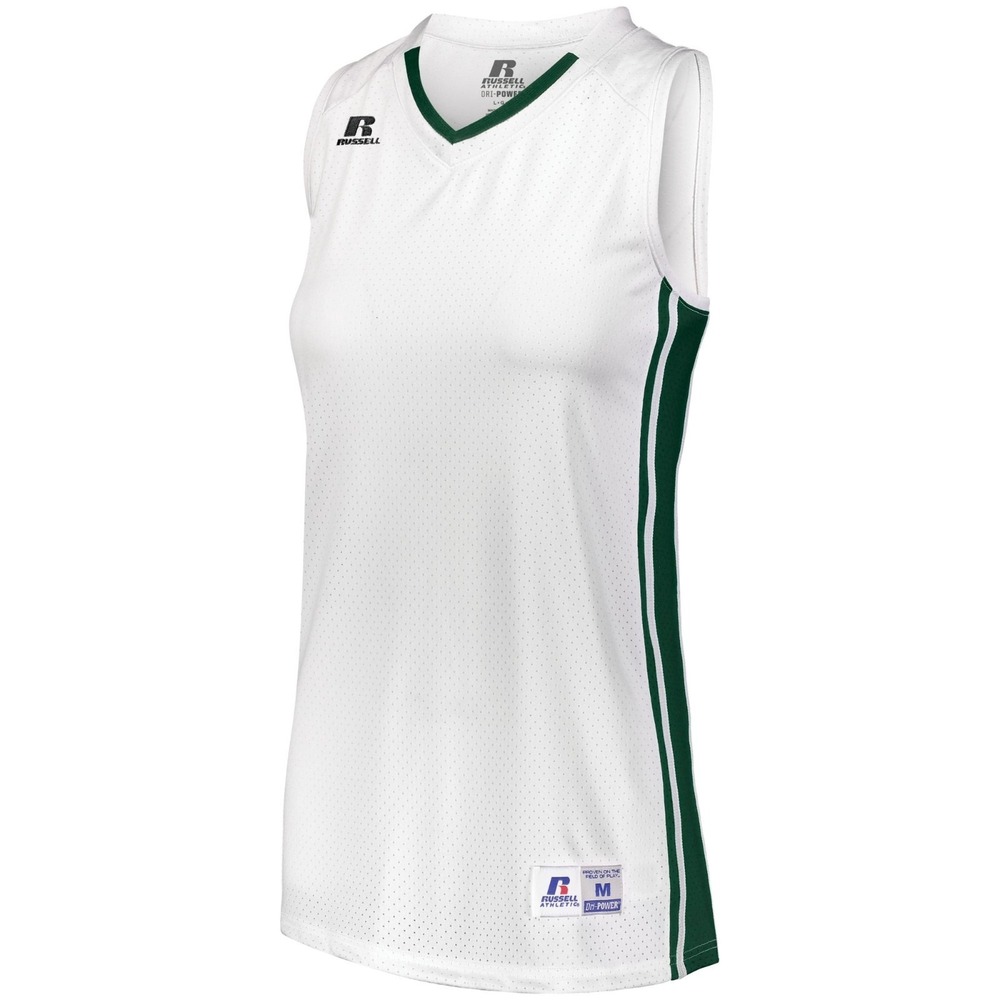 Russell Athletic White and Dark Green Women’s Basketball Jersey